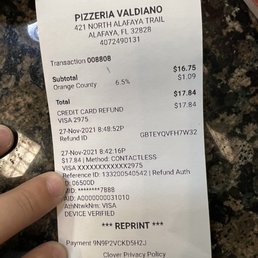 the receipt for the pizza the receipt for the pizza