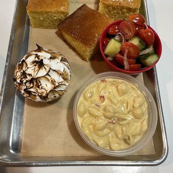 The Slow Bone - Corn bread, Mac and cheese, tomato and cucumber salad and peanut butter fluff dessert - Barbeque Near Me - Dallas, Texas The Slow Bone - Corn bread, Mac and cheese, tomato and cucumber salad and peanut butter fluff dessert - Barbeque Near Me - Dallas, Texas