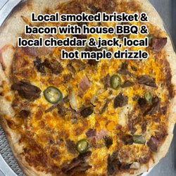 Live Free & Dine - The Presidential: Smokehouse Brisket, Local bacon, charred onions, Cabot cheddar & jack cheese, jalapenos, Old Man Bourbon BBQ,, hot maple