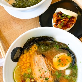 Silverlake Ramen - Top: The Blaze Ramen Bottom: The Shoyu Ramen Side:  Pork Bun - Ramen Near Me - Kirkland, Washington