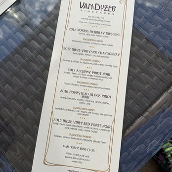 Van Duzer Vineyards - a menu on a table - Wineries Near Me - Dallas, Oregon