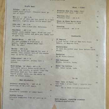 Kingston Standard Brewing - Menu 1 - Breweries Near Me - Kingston, New York