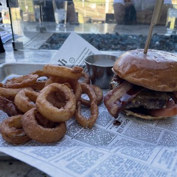 Birch Hills Golf Course - Bourbon bacon burger with Onion rings - Golf Near Me - Brea, California Birch Hills Golf Course - Bourbon bacon burger with Onion rings - Golf Near Me - Brea, California