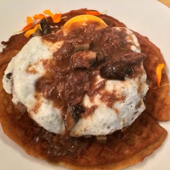 Early Bird - 24- hour braised beef "surprise motherf-er" waffle - New American Near Me - Fullerton, California Early Bird - 24- hour braised beef "surprise motherf-er" waffle - New American Near Me - Fullerton, California