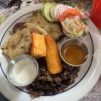 Gobble This - Pupusa with beans and rice. Yuka frita - Salvadoran Near Me - Albuquerque, New Mexico