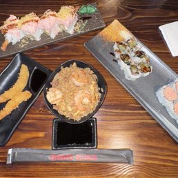 Shrimp Tempura, Combination Fried Rice, Crunchy Roll, Eel Roll, and Spicy Kani Roll Shrimp Tempura, Combination Fried Rice, Crunchy Roll, Eel Roll, and Spicy Kani Roll
