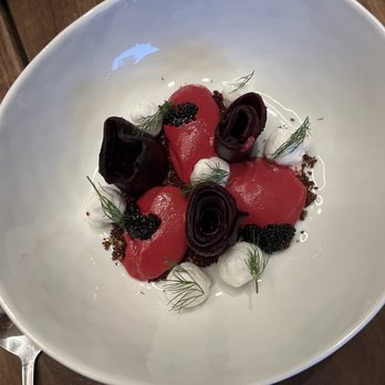 Foglia - "Beet roses". Feta, pickled red onion, beet-pistachio crumble and beet emulsion. - Vegan Near Me - Bristol, Rhode Island