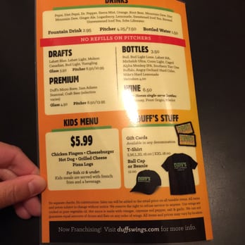Duff's Famous Wings - Back of Menu - American Near Me - Amherst, New York