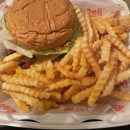 Bacon Cheese Burger And Fries. Extra Pickles. Bacon Cheese Burger And Fries. Extra Pickles.