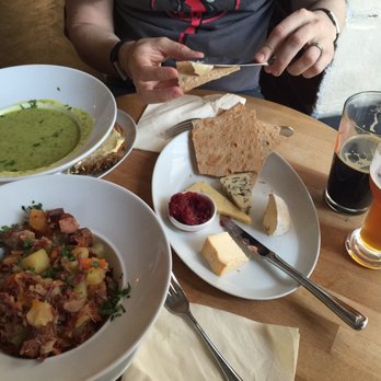 Pingvinen - A meat stew (I think it may have been reindeer), potato garlic soup, and cheese plate. - Scandinavian Near Me - Bergen, 12