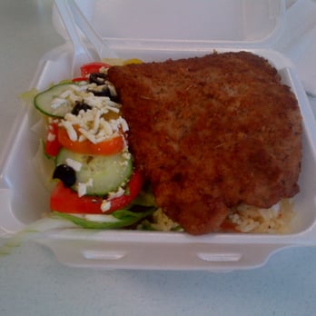 Goody's Sub - Schnitzel platter on Thursdays and Fridays.  To get an idea of how big this is the knife and fork are at the top left corner. - Sandwiches Near Me - Burlington, Ontario