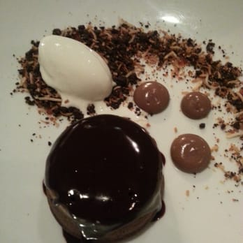 The Devonshire - Warm chocolate fondant, shredded coconut and brownie praline, coconut milk sorbet ($16) - French Near Me - Surry Hills, NSW