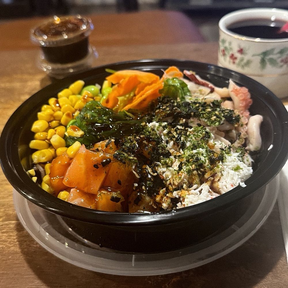 Lmana Poke N Ramen - Regular Poke Bowl that has half Soba Noodles and Salad with Corn, Edamame, Carrots, Salmon, Seaweed, Seaweed Flakes, Carbs, and Octopus. - Ramen Near Me - Lancaster, California Lmana Poke N Ramen - Regular Poke Bowl that has half Soba Noodles and Salad with Corn, Edamame, Carrots, Salmon, Seaweed, Seaweed Flakes, Carbs, and Octopus. - Ramen Near Me - Lancaster, California