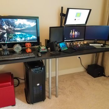 Diconci - Devin's custom gaming and workstation PC. All monitors running off of pictured computer, all wires hidden under desk. - IT Services & Computer Repair Near Me Diconci - Devin's custom gaming and workstation PC. All monitors running off of pictured computer, all wires hidden under desk. - IT Services & Computer Repair Near Me