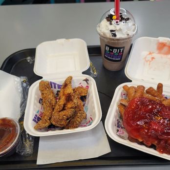 8-Bit Bites - My lunch, 3 piece tenders w smoky mesquite BBQ Sauce, funnel cake fries (wish it had some ice cream on it) and the Cookies and Creme shake. - Burgers Near Me - Brooklyn, New York 8-Bit Bites - My lunch, 3 piece tenders w smoky mesquite BBQ Sauce, funnel cake fries (wish it had some ice cream on it) and the Cookies and Creme shake. - Burgers Near Me - Brooklyn, New York