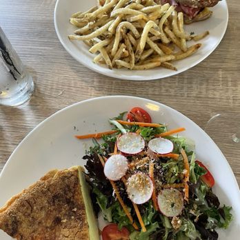 The Peppered Pig - Croque madame and Hand Cut Frites, and the quiche Lorraine with house salad - New American Near Me - Webster, New York The Peppered Pig - Croque madame and Hand Cut Frites, and the quiche Lorraine with house salad - New American Near Me - Webster, New York