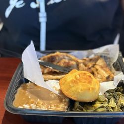 Southern Style Eatery - Grilled pork chops, rice and gravy, collard greens, and cornbread.