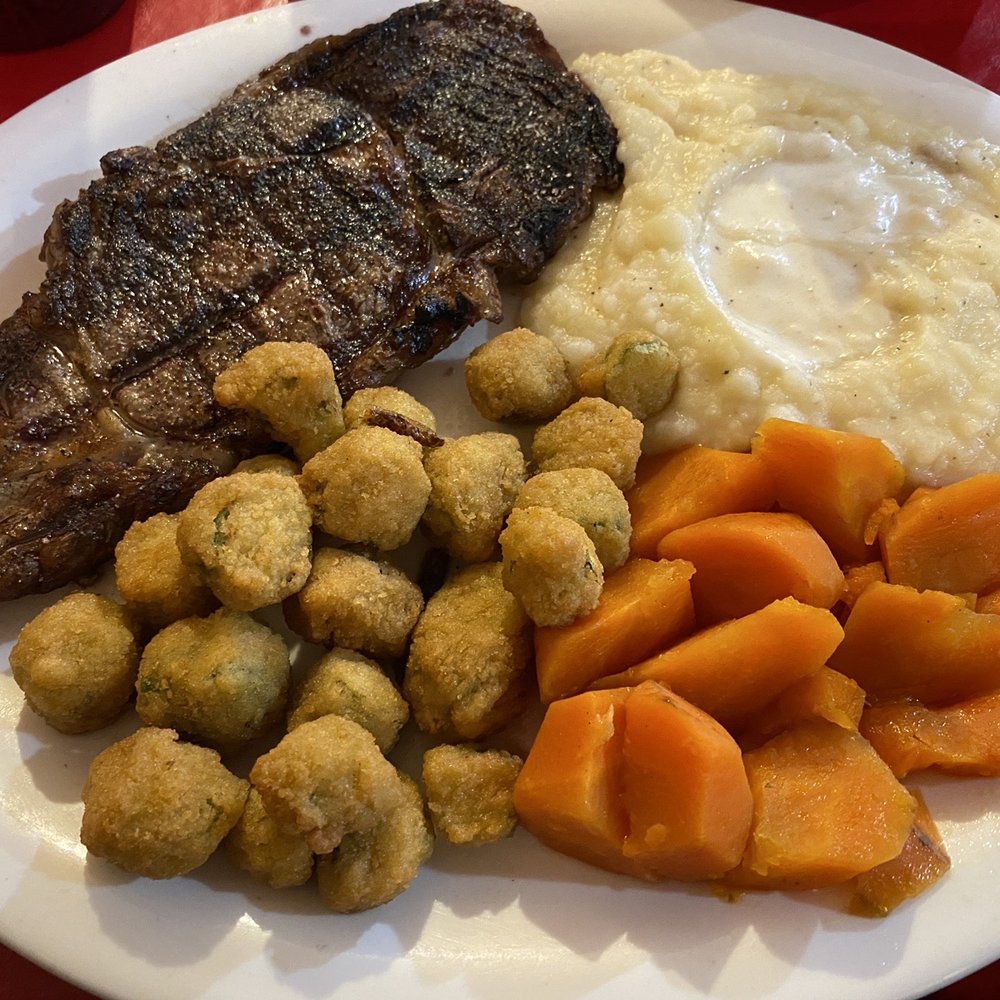 The Terrell Cafe - Ribeye, mashed potatoes, okra and the best carrots I have ever had! - American Near Me - Terrell, Texas The Terrell Cafe - Ribeye, mashed potatoes, okra and the best carrots I have ever had! - American Near Me - Terrell, Texas