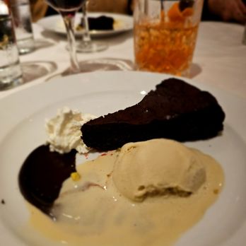 Montrio - Flour less chocolate cake with pistachio i e cream sprinkled with pop rocks - New American Near Me - Monterey, California