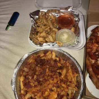 Pizza Machine - Bacon cheese fries with REAL BACON and melted cheese and Calamari in the styrofoam to-go box ;) - Pizza Near Me - Pembroke Pines, Florida Pizza Machine - Bacon cheese fries with REAL BACON and melted cheese and Calamari in the styrofoam to-go box ;) - Pizza Near Me - Pembroke Pines, Florida