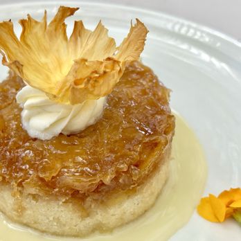 The Restaurant at Ponte - Summer Cake | It's a warm pineapple coconut upside down cake with coconut creme anglaise (custard sauce). Super good. - New American Near Me - Temecula, California