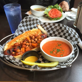 Urban Diner - Hotdog with chilli and tomato soup of the day. So good! And only 11$. - Diners Near Me - Edmonton, Alberta