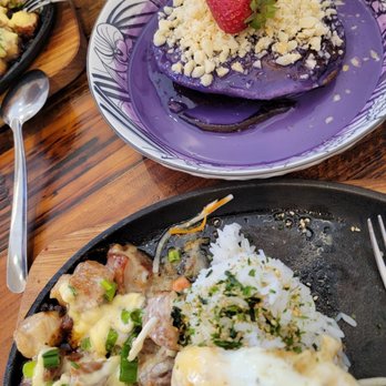 Enseamada Cafe - Ube pancakes  with macadamia nuts so good and sisig plate - Filipino Near Me - Everett, Washington