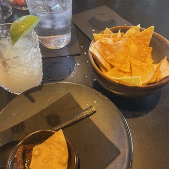La Popular - Complementary chips and salsa.  Chips tasted stale - Cocktail Bars Near Me - Claremont, California