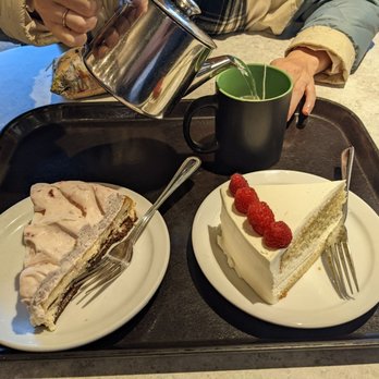 Cafe Latte - From left: strawberry chocolate cheesecake, tres leches cake and tea - Comfort Food Near Me - Saint Paul, Minnesota