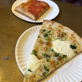 Home Slice Pizza - A slice of broccoli white pie and a slice of Sicilian - Pizza Near Me - Houston, Texas