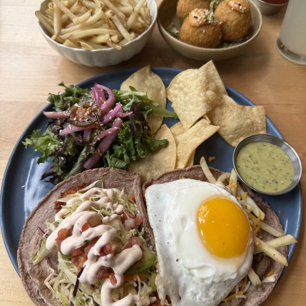Belly - 2 Taco Platter - Steak, Egg & Cheese / Surf (Front), Kimchi Arancini Balls + Fries (Back) - Mexican Near Me - Oakland, California Belly - 2 Taco Platter - Steak, Egg & Cheese / Surf (Front), Kimchi Arancini Balls + Fries (Back) - Mexican Near Me - Oakland, California