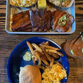 Dinosaur Bar-B-Que - Pork belly, ribs and brisket with mac and cheese and bbq fried rice. And a pulled pork sandwich. - Barbeque Near Me - Brooklyn, New York
