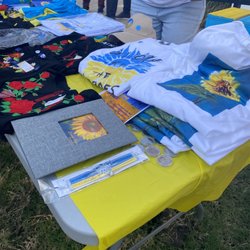 St Mary's Ukrainian Orthodox Church - Merchandise table. We bought two of the sunflower tees to help supper the efforts in Ukraine