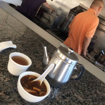 Magic Wok - Hot n Sour soup and hot tea while I wait for my lunch. It's yummy! - Chinese Near Me - Clearlake, California