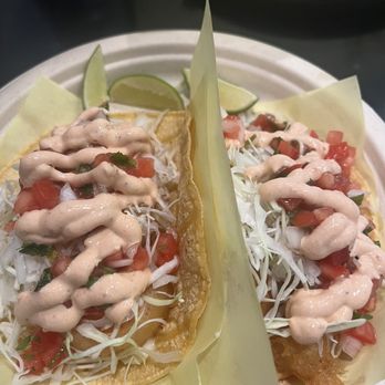 Los Compadres Taquería - One battered shrimp taco and one battered fish taco - Tacos Near Me - Burbank, California