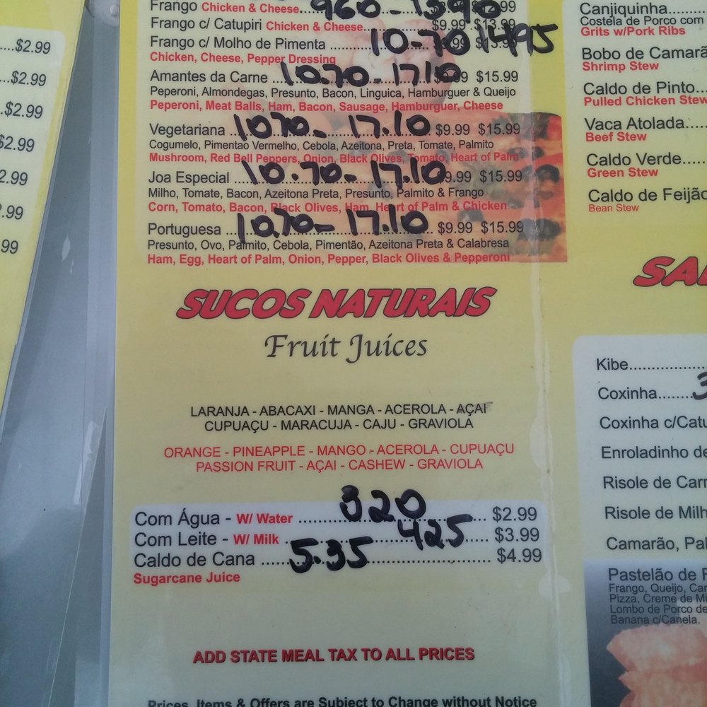 Menu with new prices
