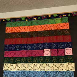 Montessori Children's House Of Hayward - Practical Life - Sewing work by month, reflecting the changing seasons and different holidays throughout the school year