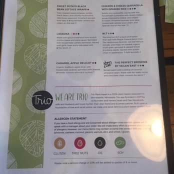 Trio Plant-based - Menu back - Vegan Near Me - Minneapolis, Minnesota