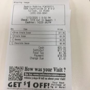 Baskin-Robbins - Our receipt, not bad for 4 kids and two adults! - Ice Cream & Frozen Yogurt Near Me - Turlock, California