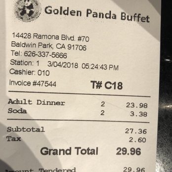 Golden Panda Buffet - Price for 2 and 2 drinks Would probably pay 40-45 anywhere else - Buffets Near Me - Baldwin Park, California Golden Panda Buffet - Price for 2 and 2 drinks Would probably pay 40-45 anywhere else - Buffets Near Me - Baldwin Park, California