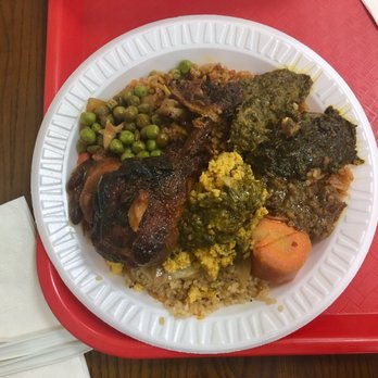 B & B - Jerk chicken, random starchy grains, cassava leaf sauce, potato leaf sauce, okra sauce, stewed carrots and cabbage, and peas. - African Near Me - New York, New York B & B - Jerk chicken, random starchy grains, cassava leaf sauce, potato leaf sauce, okra sauce, stewed carrots and cabbage, and peas. - African Near Me - New York, New York