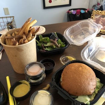 Burger Bach - Carry out order with Kiwi Chick Burger, large fry and lots of homemade dipping sauces. Yum! - Burgers Near Me - Charlottesville, Virginia Burger Bach - Carry out order with Kiwi Chick Burger, large fry and lots of homemade dipping sauces. Yum! - Burgers Near Me - Charlottesville, Virginia