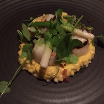 Il Bacaro-Cucina & Bar - Grilled scallops with corn purée, fregola, leek, crisp pig cheek tobiko and basil - Italian Near Me - Melbourne, VIC