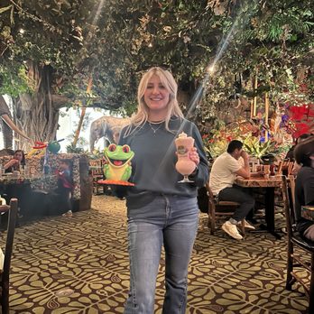 Rainforest Cafe - A woman holds her two souvenir drinks, cha cha frog cup and glass cup with the rainforest cafe logo. - American Near Me - Gurnee, Illinois Rainforest Cafe - A woman holds her two souvenir drinks, cha cha frog cup and glass cup with the rainforest cafe logo. - American Near Me - Gurnee, Illinois