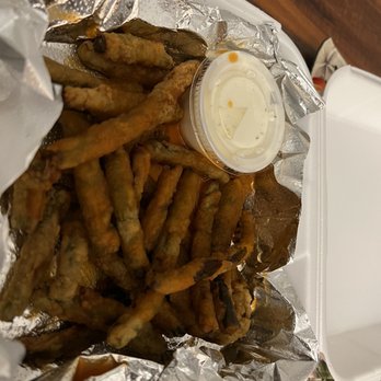 Grandstand Burgers - "Spicy" Fried Green Beans, Frank's Red Hot sauce (I think) over frozen, breaded green beans. - Burgers Near Me - Shawnee, Kansas