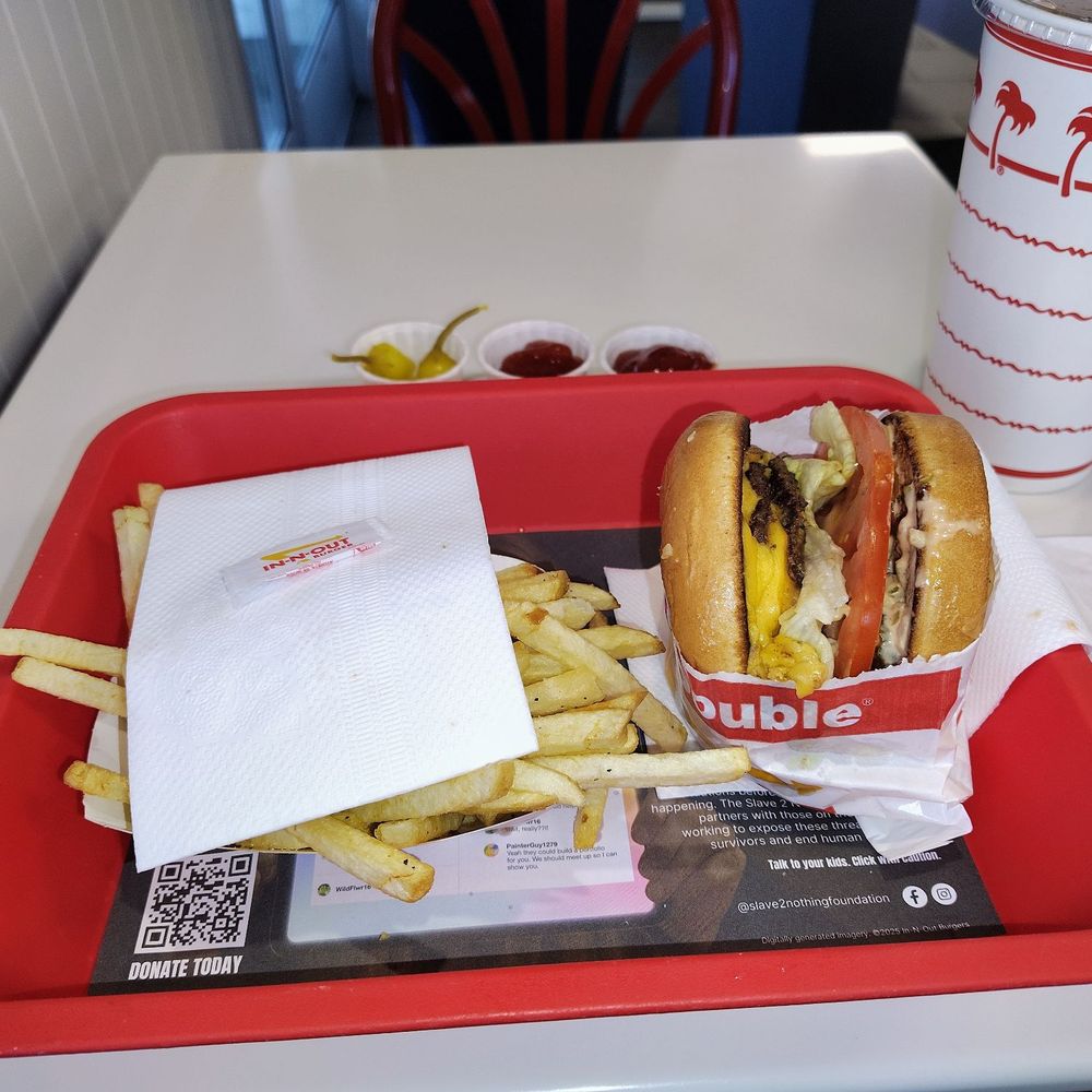 Double double animal style with chopped chilis, fries, large lemonade. Double double animal style with chopped chilis, fries, large lemonade.