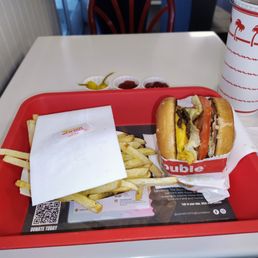Double double animal style with chopped chilis, fries, large lemonade. Double double animal style with chopped chilis, fries, large lemonade.