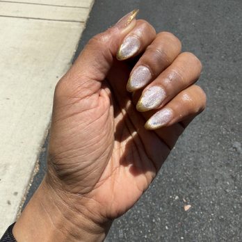 Megan Nails & Spa - Pink cat eyes with gold French tips - Nail Salons Near Me - San Diego, California Megan Nails & Spa - Pink cat eyes with gold French tips - Nail Salons Near Me - San Diego, California