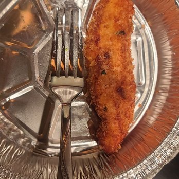 Babbo Italian Eatery - My single chicken finger with a fork show size comparison - Pizza Near Me - Phoenix, Arizona