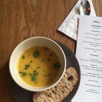 Spiga - Pumpkin soup with a slice of homemade bread. - Cafes Near Me - San Juan, Puerto Rico